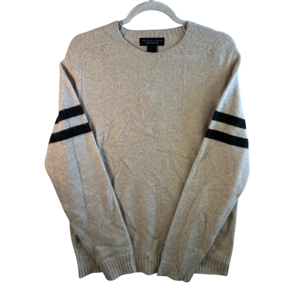 Bloomingdales Mens Merino Wool Sweater Barley Beige Varsity Stripe Medium NWT